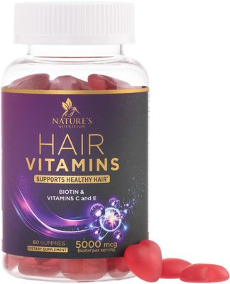 Hair Growth Supplement Gummy for Stronger, Radiant Hair, Skin &amp; Nails - Hair Vitamins with Biotin 5000 mcg and Vitamin E &amp; C, Nature&#39;s Extra Strength Hair Vitamins for Women &amp; Men - 60 Gummies