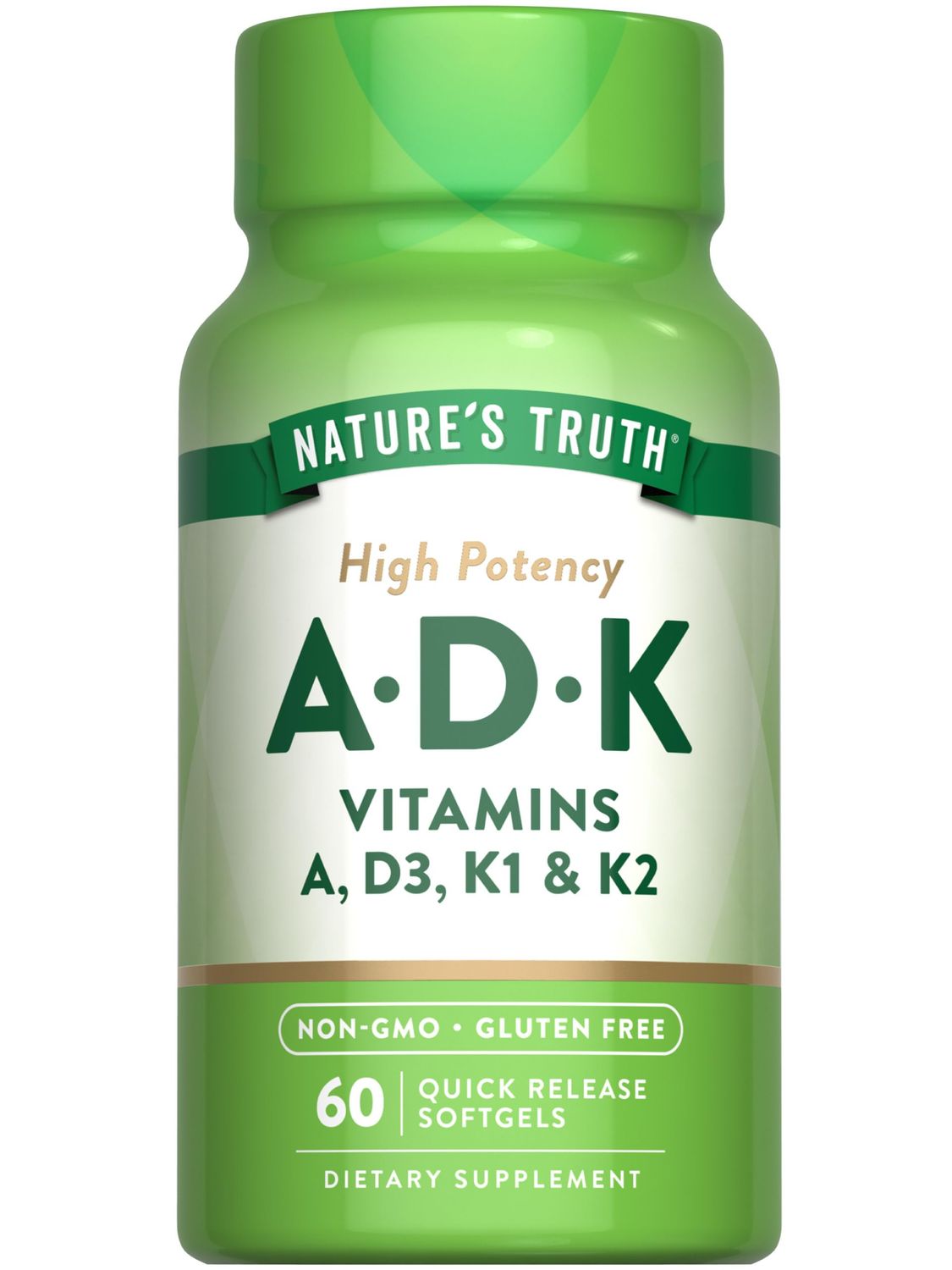 Nature&#39;s Truth Vitamin ADK Supplement | 60 Softgels | High Potency of Vitamin A, D3, K1 &amp; K2 | Non-GMO &amp; Gluten Free Supplement