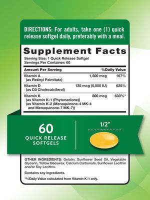 Nature's Truth Vitamin ADK Supplement | 60 Softgels | High Potency of Vitamin A, D3, K1 &amp; K2 | Non-GMO &amp; Gluten Free Supplement