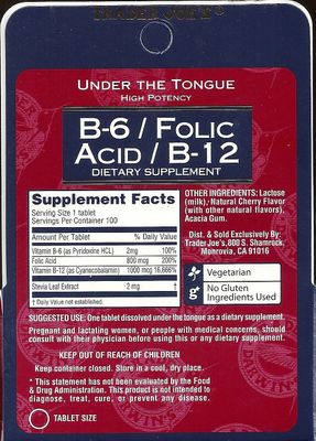 Trader Joe's Under The Tongue B-6 / Folic Acid / B-12 Dietary Supplement, 100 Tablets