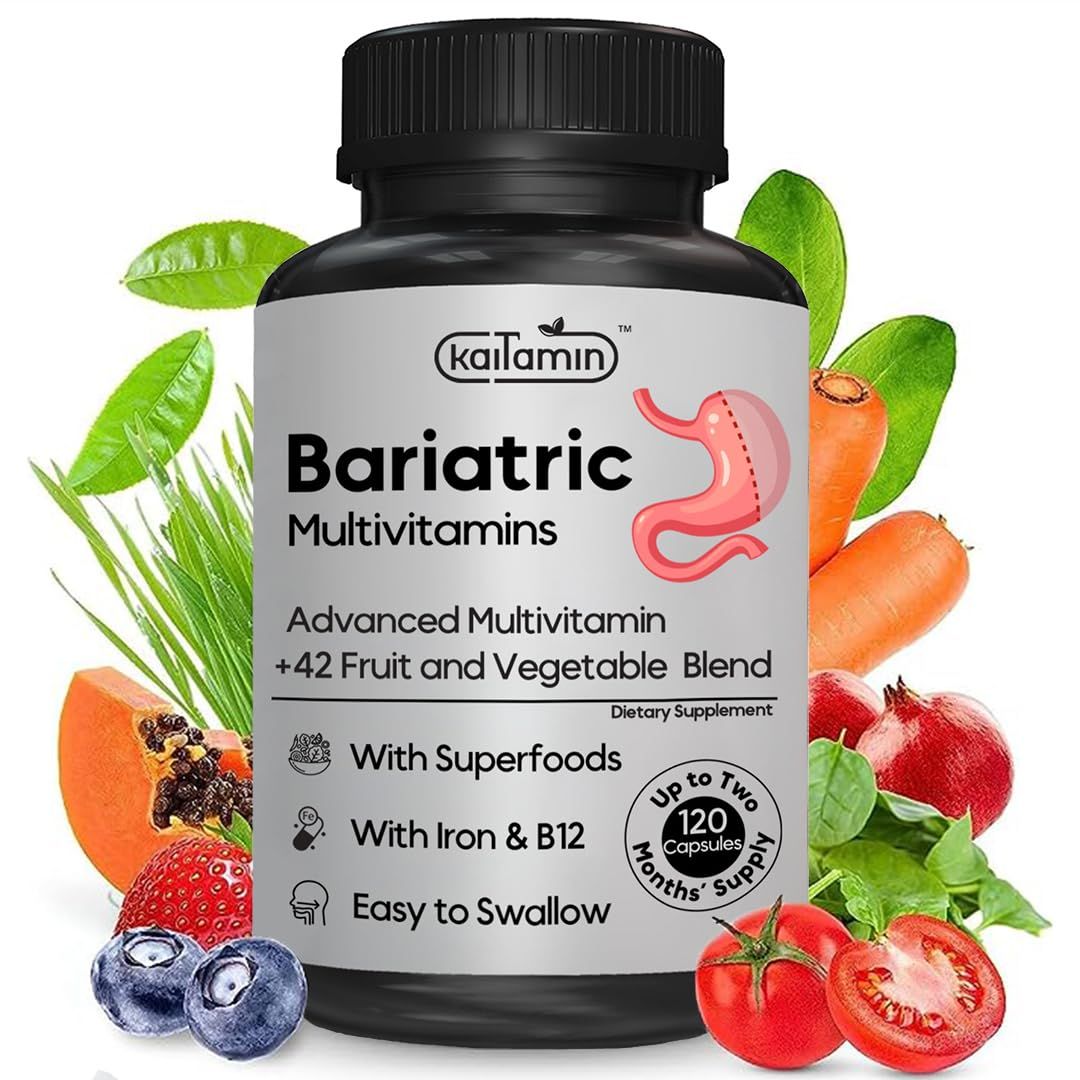 Kaitamin Bariatric Multivitamin with Iron for Post-Bariatric Surgery - Easy-to-Swallow Liquid Capsules with 42 Fruit &amp; Veggie Blend - 120 Capsules, 2 Month Supply