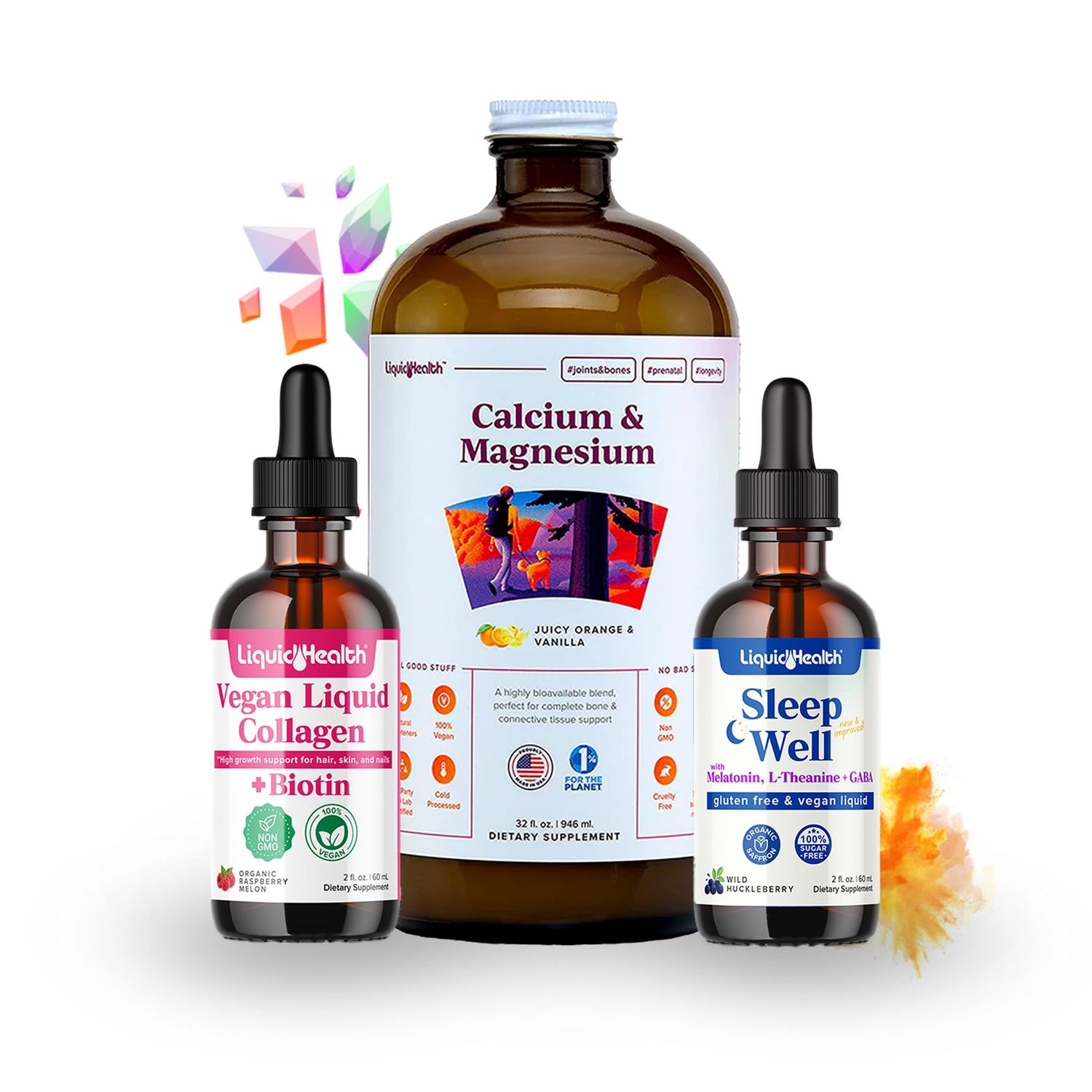 LIQUIDHEALTH Vegan Beauty Sleep Liquid Vitamin Supplement Bundle with Vegan Liquid Collagen + Biotin, Calcium Magnesium Liquid Vitamins, Sleep Well Melatonin Drops - Hair/Skin/Nail Health &amp; Relaxation