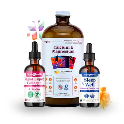 LIQUIDHEALTH Vegan Beauty Sleep Liquid Vitamin Supplement Bundle with Vegan Liquid Collagen + Biotin, Calcium Magnesium Liquid Vitamins, Sleep Well Melatonin Drops - Hair/Skin/Nail Health &amp; Relaxation