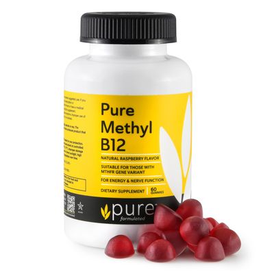 pure formulated Methyl B12 Vitamin Gummies - Vegan Vitamin B12 Gummies for Adults &amp; Kids - Vitamin Chewable Gummies for Energy &amp; Nerve Function - Gluten-Free, Dairy-Free, Kosher (60 Gummies 1500 mcg)