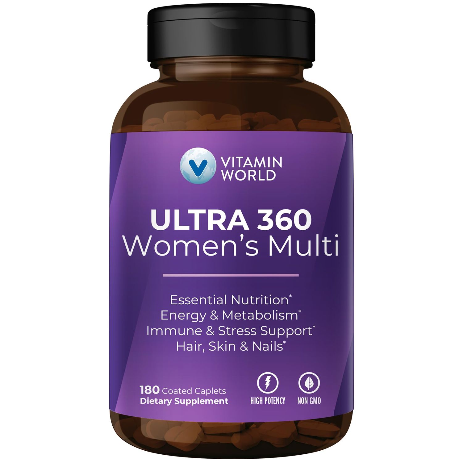 Vitamin World Ultra 360 Multivitamin for Women, Women&#39;s Multivitamin with Herbs &amp; Collagen for Hair, Skin &amp; Nails, Supplement with Iron, Vitamin A, B, C, D, E for Energy &amp; Immune Support, 180 Caplets