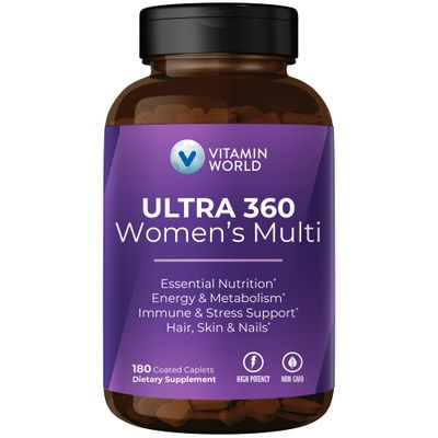 Vitamin World Ultra 360 Multivitamin for Women, Women&#39;s Multivitamin with Herbs &amp; Collagen for Hair, Skin &amp; Nails, Supplement with Iron, Vitamin A, B, C, D, E for Energy &amp; Immune Support, 180 Caplets