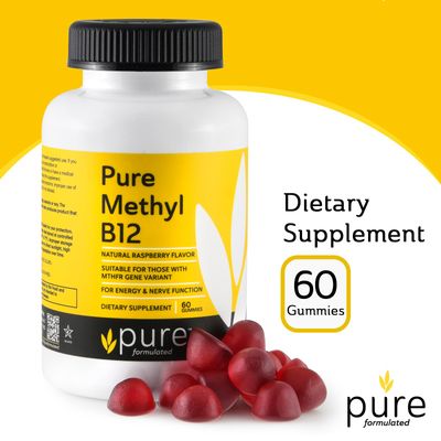 pure formulated Methyl B12 Vitamin Gummies - Vegan Vitamin B12 Gummies for Adults &amp; Kids - Vitamin Chewable Gummies for Energy &amp; Nerve Function - Gluten-Free, Dairy-Free, Kosher (60 Gummies 1500 mcg)