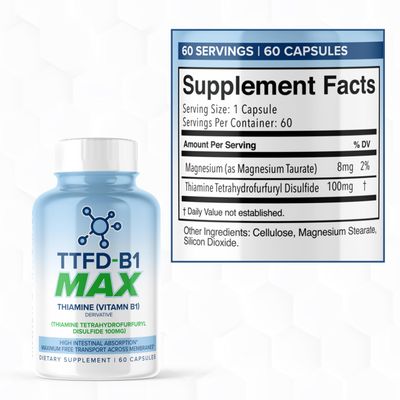 TTFD - B1 Max - Thiamine Vitamin B1 TTFD - 100mg - (Thiamine Tetrahydrofurfuryl Disulfide) Thiamine MAX, 60 Capsules by MaxLife Naturals.