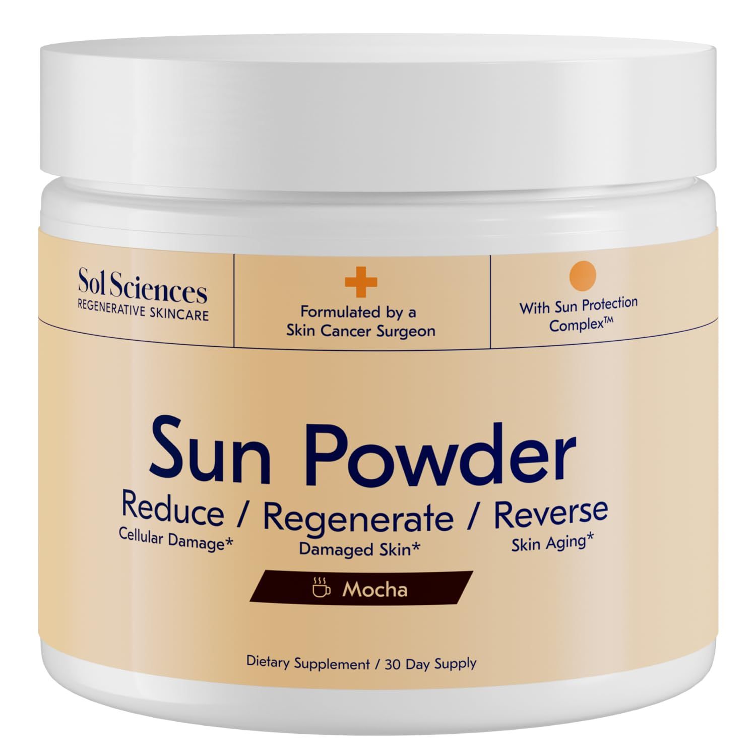 Sun Powder, The First 3-in-1 Drinkable Skincare, by World-Class Dermatologist &amp; Skin Surgeon, Regenerative Formula, Nicotinamide, Collagen Peptides, Biotin, Glutathione (30 Servings, Mocha)