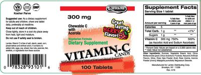 Landau 300mg Chewable Vitamin C Candy for Kids &amp; Adults - Easy-to-Take Vitamin C Supplement with Acerola - Kosher &amp; Made in The USA - Great Tasting Berry Flavor, 100 Tablets