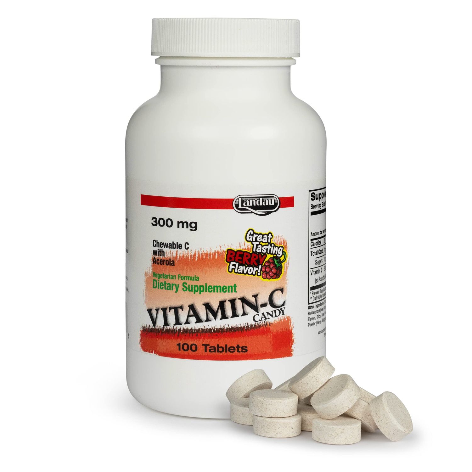 Landau 300mg Chewable Vitamin C Candy for Kids &amp; Adults - Easy-to-Take Vitamin C Supplement with Acerola - Kosher &amp; Made in The USA - Great Tasting Berry Flavor, 100 Tablets
