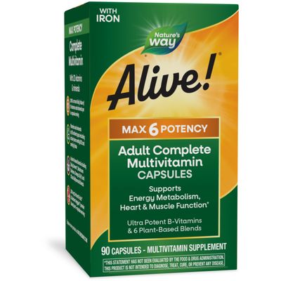 Nature&#39;s Way Alive! Max6 Potency Adult Complete Multivitamin, with Iron, Vitamins A, C, E &amp; B-Vitamins Including Methylated B12 &amp; Folate, Supports Energy Metabolism*, 90 Capsules (Packaging May Vary)