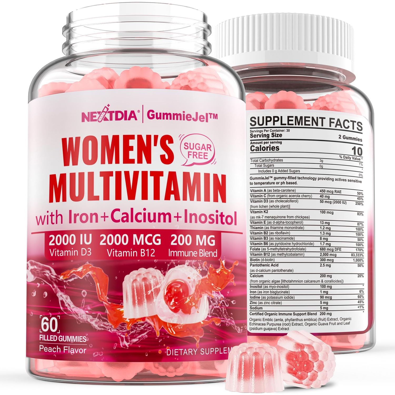 Sugar-Free Methylated Multivitamin for Women Gummies w/Algae Calcium, Vitamin A, C, D3, E, K, B12, Iron, Folate, Biotin, Inositol - Multi Vitamins &amp; Minerals for Skin, Hair, Energy, Immune, Bone Vegan