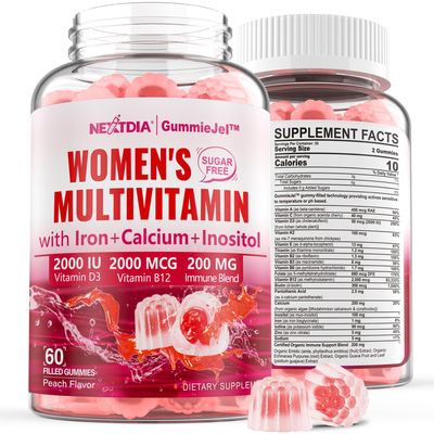 Sugar-Free Methylated Multivitamin for Women Gummies w/Algae Calcium, Vitamin A, C, D3, E, K, B12, Iron, Folate, Biotin, Inositol - Multi Vitamins &amp; Minerals for Skin, Hair, Energy, Immune, Bone Vegan