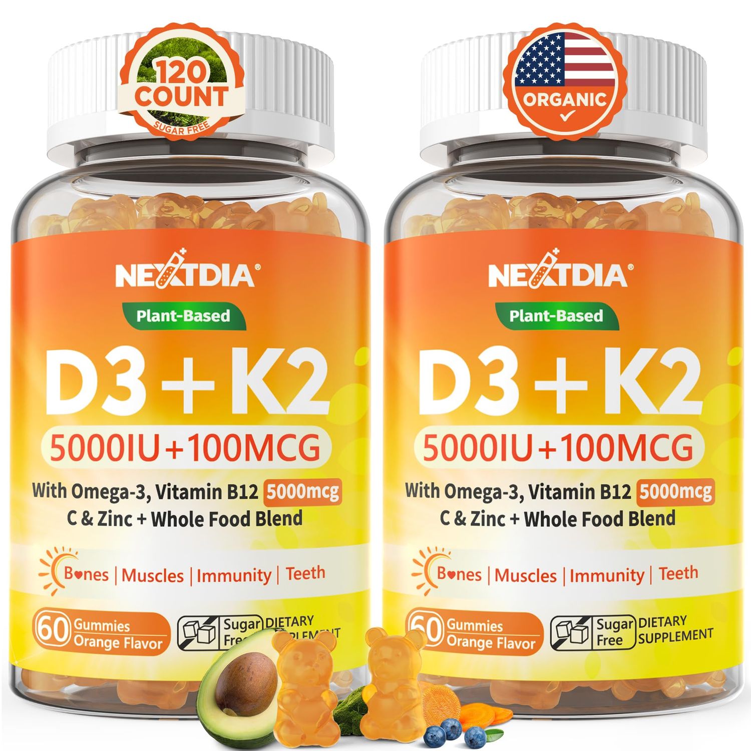 Organic Plant D3 5000 IU + K2(MK-7)100 mcg -5X Absorption Than Standard D3K2, 100% Whole Food Derived Omega-3,Methyl B12,Vitamin C, Zinc,and 5 Organic Vegetables,Supports Bone &amp; Teeth Strength, Immune