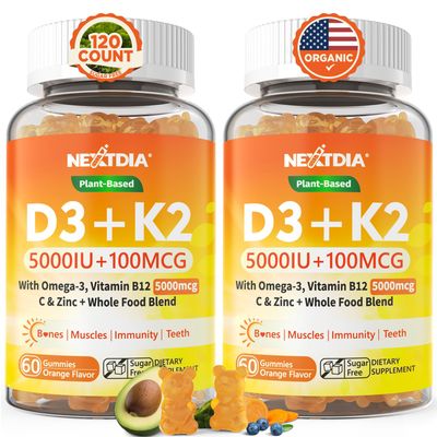 Organic Plant D3 5000 IU + K2(MK-7)100 mcg -5X Absorption Than Standard D3K2, 100% Whole Food Derived Omega-3,Methyl B12,Vitamin C, Zinc,and 5 Organic Vegetables,Supports Bone &amp; Teeth Strength, Immune