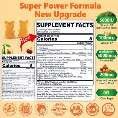 Organic Plant D3 5000 IU + K2(MK-7)100 mcg -5X Absorption Than Standard D3K2, 100% Whole Food Derived Omega-3,Methyl B12,Vitamin C, Zinc,and 5 Organic Vegetables,Supports Bone &amp; Teeth Strength, Immune