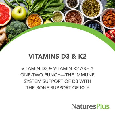 Natures Plus Vitamins D3 &amp; K2-90 Tablets - Promotes Bone Support, Immune Function, Cardiovascular Health &amp; Mood Balance - Vegetarian, Gluten Free - 90 Servings