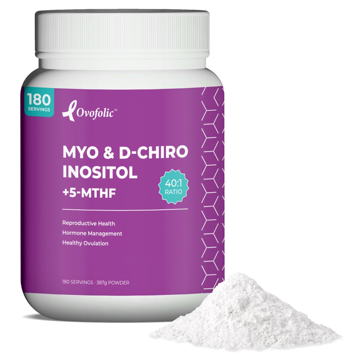 Ovofolic Inositol Supplement - Myo-Inositol and D-Chiro Inositol Plus Active Folate- Ideal 40:1 Ratio - Hormone Balance (180 Servings, 387g Jar)