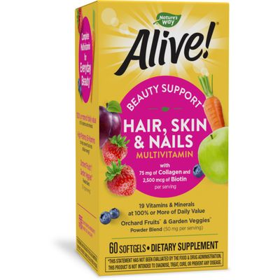 Nature&#39;s Way Alive! Hair, Skin &amp; Nails Multivitamin with Biotin and Collagen, 60 Softgels