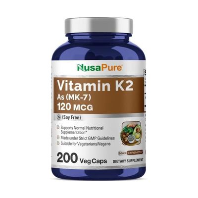 NusaPure Vitamin K2 MK7 120 mcg 200 Veggie Caps (Soy Free, Non-GMO, Vegan)