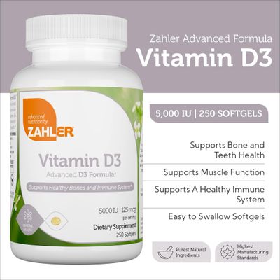 Zahler - Advanced Vitamin D3 5000 IU Softgels (250 Count) Kosher Vegetarian Friendly Vitamin D for Immune Support, Bone, Teeth &amp; Muscle Health - Daily D3 Vitamin Supplement for Adults - Easy Swallow V