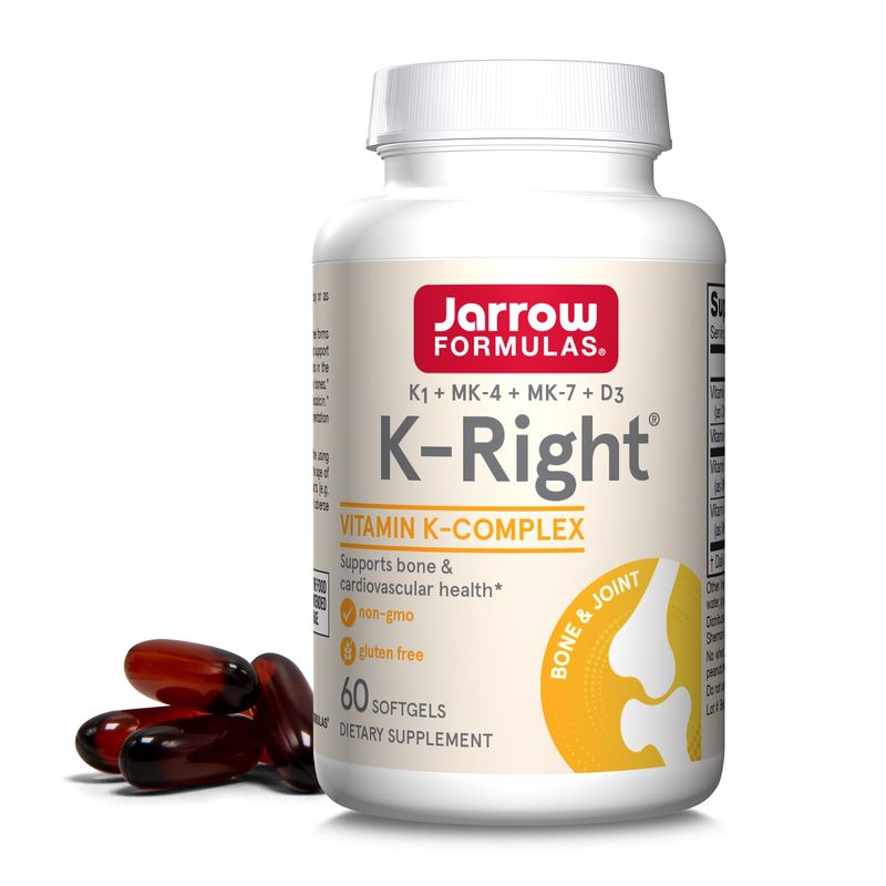 Jarrow Formulas K-Right - Vitamin K-Complex (K1, MK-4, MK-7, D3) - 60 Servings (Softgels) - Dietary Supplement for Bone &amp; Cardiovascular Health Support - Vitamin K2 MK-7 - Gluten Free