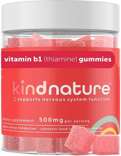Kind Nature Vitamin B1 Gummies - Chewable Thiamine 500mg per Serving - Non GMO, Vegan, Natural Strawberry Flavor Thiamine B1 Supplement for Adults &amp; Kids