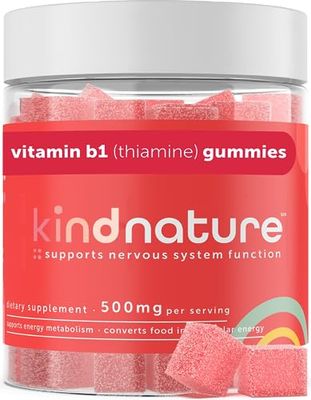 Kind Nature Vitamin B1 Gummies - Chewable Thiamine 500mg per Serving - Non GMO, Vegan, Natural Strawberry Flavor Thiamine B1 Supplement for Adults &amp; Kids