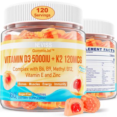 Vitamin D3 5000IU + K2 (MK-7) 120mcg, Sugar-Free Vitamin D3 K2 Filled Gummies with Vitamin B Complex - Methyl B12, B9, B6 | Vitamin E &amp; Zinc, MCT Oil - Supports Bone &amp; Teeth Strength, Immune, 2PACK