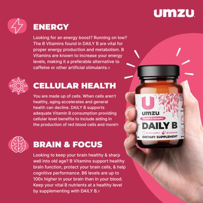 UMZU Daily B | 100% Complete Vitamin B Complex with B1, B2, B3, B5, B6, B7, B9 &amp; B12 with Folic Acid | Supports Natural Energy Production &amp;Cognitive Function Well (30 Day Supply | 30 Capsules)
