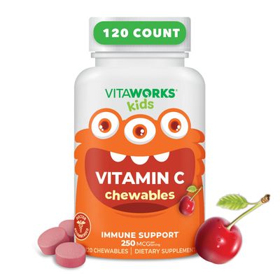 VitaWorks Kids Vitamin C Chewable Tablets 250mg - Tasty Natural Cherry Flavor - Vegan, GMO-Free, Gluten Free, Nut Free Vitamins - Dietary Supplement for Immune Support - for Children - 120 Chewables