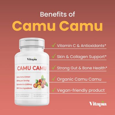 Organic Camu Camu Extract 20% Vitamin C Capsules - Immune, Collagen, Metabolism Support - 120 Veggie Capsules - Non GMO, Gluten Free, Vegan Supplement