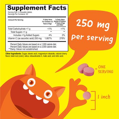 VitaWorks Kids Vitamin C Chewable Tablets 250mg - Tasty Natural Cherry Flavor - Vegan, GMO-Free, Gluten Free, Nut Free Vitamins - Dietary Supplement for Immune Support - for Children - 120 Chewables