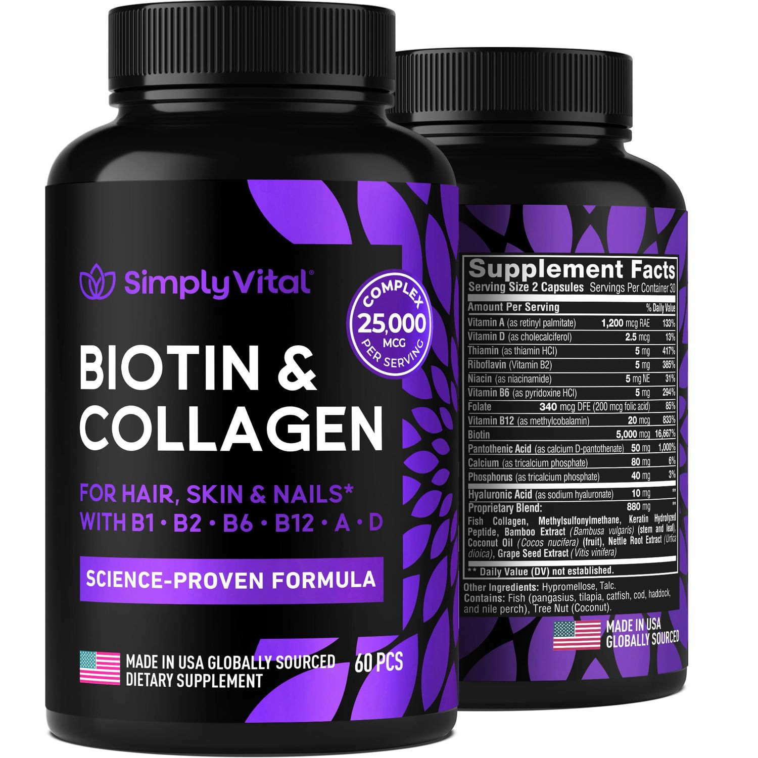 Biotin and Collagen Supplements with Keratin - Hair Vitamins - Hair Skin &amp; Nails Vitamins with Biotin, Collagen, B Complex - Made in USA - Biotin Supplement for Strong Hair, Skin &amp; Nails - 60 Capsules