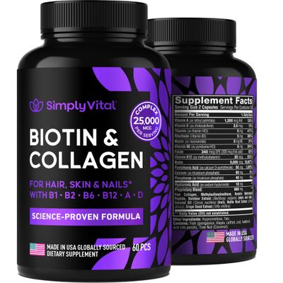 Biotin and Collagen Supplements with Keratin - Hair Vitamins - Hair Skin &amp; Nails Vitamins with Biotin, Collagen, B Complex - Made in USA - Biotin Supplement for Strong Hair, Skin &amp; Nails - 60 Capsules