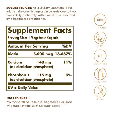 SOLGAR Biotin 5000 mcg - 100 Vegetable Capsules - Supports Healthy Skin, Nails & Hair - Non-GMO, Vegan, Gluten Free, Dairy Free, Kosher - 100 Servings