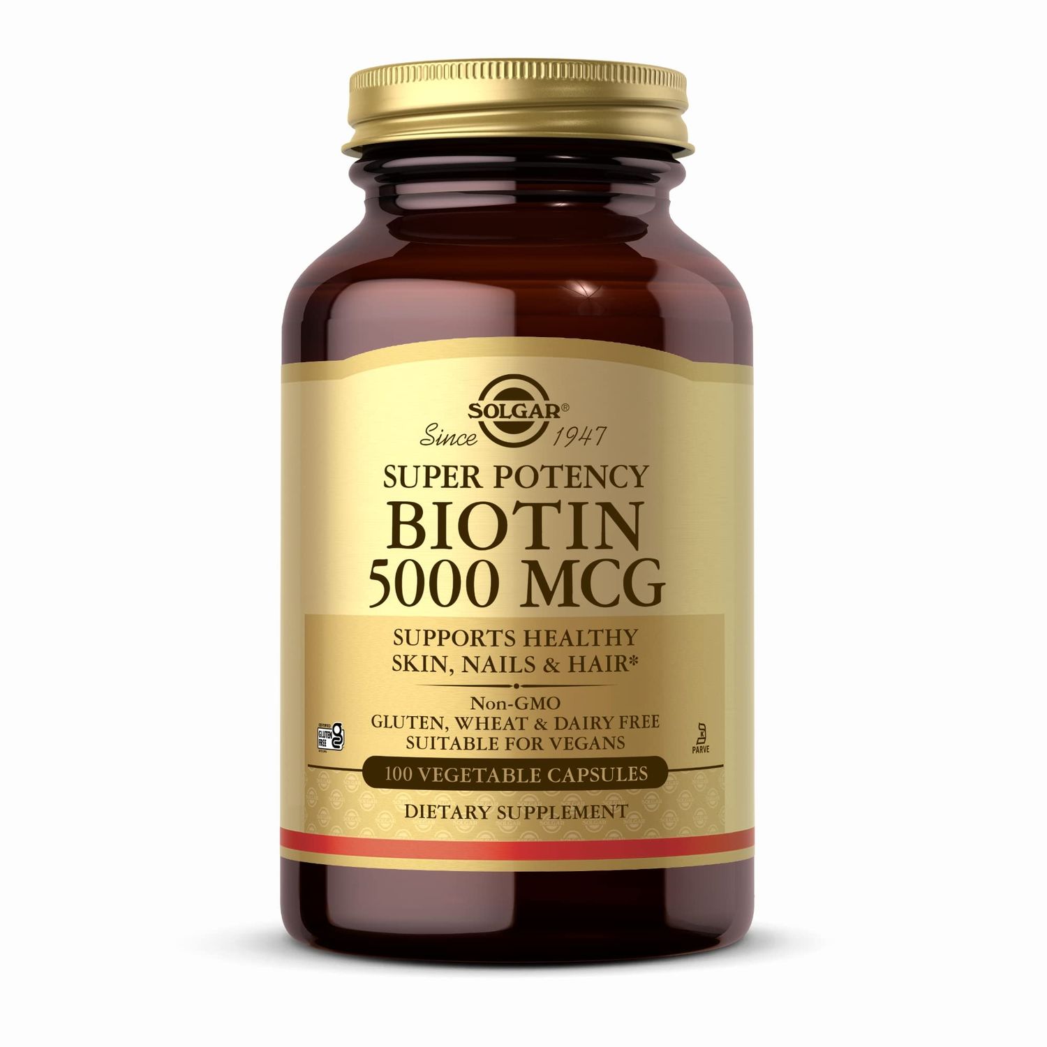 SOLGAR Biotin 5000 mcg - 100 Vegetable Capsules - Supports Healthy Skin, Nails &amp; Hair - Non-GMO, Vegan, Gluten Free, Dairy Free, Kosher - 100 Servings