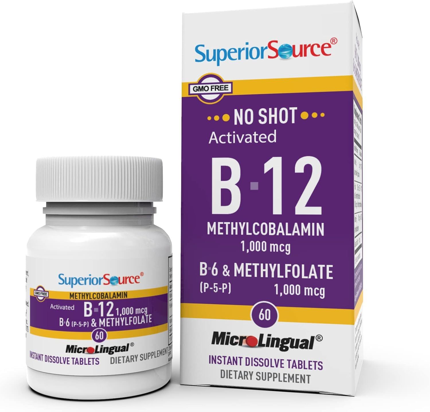 Superior Source No Shot Vitamin B12 Methylcobalamin (1000 mcg), Methylfolate, B6, Quick Dissolve MicroLignual Tablets, 60 Ct, Cognitive Health, Increase Energy, Healthy Heart, Stress Support, Non-GMO