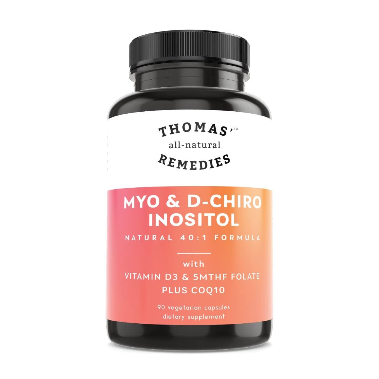 Thomas&#39; all-natural Remedies Myo Inositol Supplement &amp; D-Chiro Inositol Blend Supplement with Folate and Vitamin D3, 40 to 1 Ratio, Non-GMO, No Fillers, CoQ10, 90 Vegan Capsules