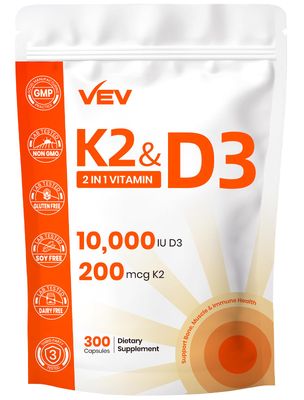 VEV Vitamin D3 K2 - 10,000 IU D3, 200mcg MK7, Easy-to-Swallow, Supports Bone &amp; Teeth Health, Dual Nutrient Support for Daily Wellness, Easy to Swallow (Packaging May Vary) - 300 Capsules