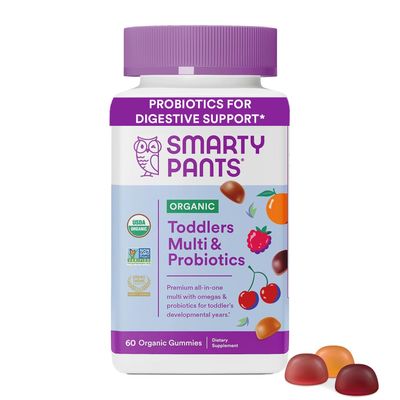 SmartyPants Organic Toddler Multivitamin Gummies: Probiotics, Omega 3 (ALA), Vitamin D3, C, Vitamin B12, B6, Vitamin A, K &amp; Zinc, Gluten Free, Three Fruit Flavors, 60 Count (30 Day Supply)