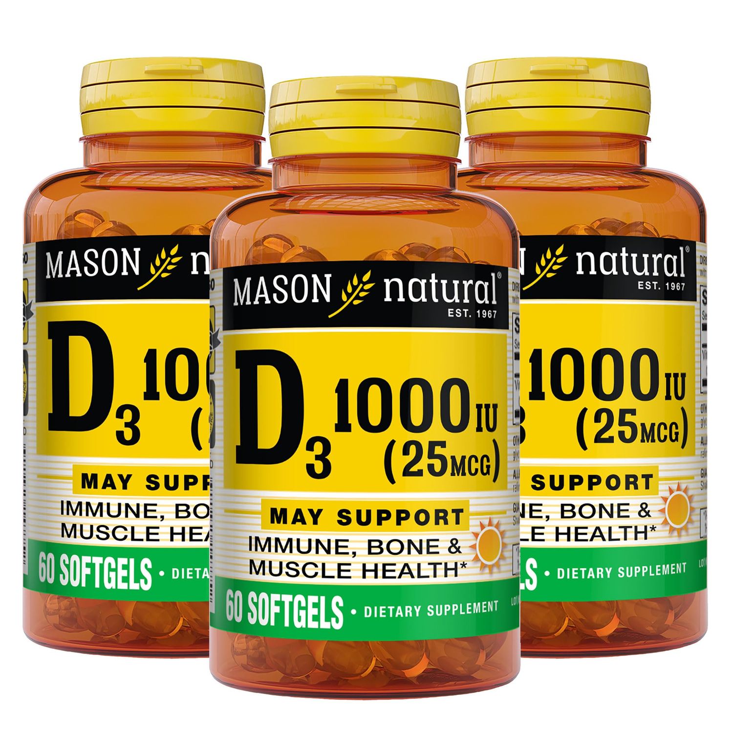 MASON NATURAL Vitamin D3 25 mcg (1000 IU) - Supports Overall Health, Strengthens Bones and Muscles, from Fish Liver Oil, 60 Softgels (Pack of 3)