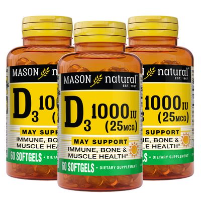 MASON NATURAL Vitamin D3 25 mcg (1000 IU) - Supports Overall Health, Strengthens Bones and Muscles, from Fish Liver Oil, 60 Softgels (Pack of 3)