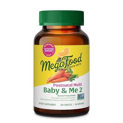 MegaFood Baby &amp; Me 2 Postnatal Vitamins for Breastfeeding Moms with Folate (Folic Acid Natural Form), Choline, Iodine, Vitamin D, Moringa Leaf and More - 120 Tabs (60 Servings)