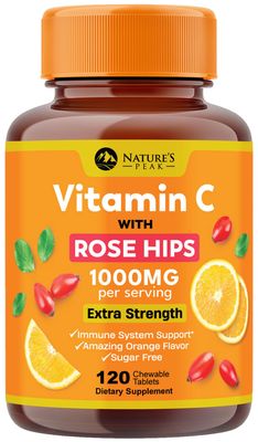 Extra Strength Vitamin C 1000 mg - Chewable Vita C for Powerful Immune Support with Vitamin C &amp; Rose HIPS - Potent Dietary Chewable Vitamin C Supplement, Vegan, Gluten-Free, Non-GMO - 120 Tablets