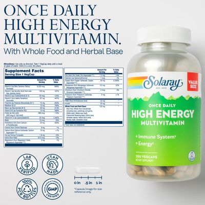 SOLARAY Once Daily High Energy Multivitamin for Women and Men - Energy Supplements - Immune Support w/Vitamin C, A, D and E, Vitamin B Complex, Trace Minerals, 60-Day Guarantee, 200 Serv, 200 VegCaps