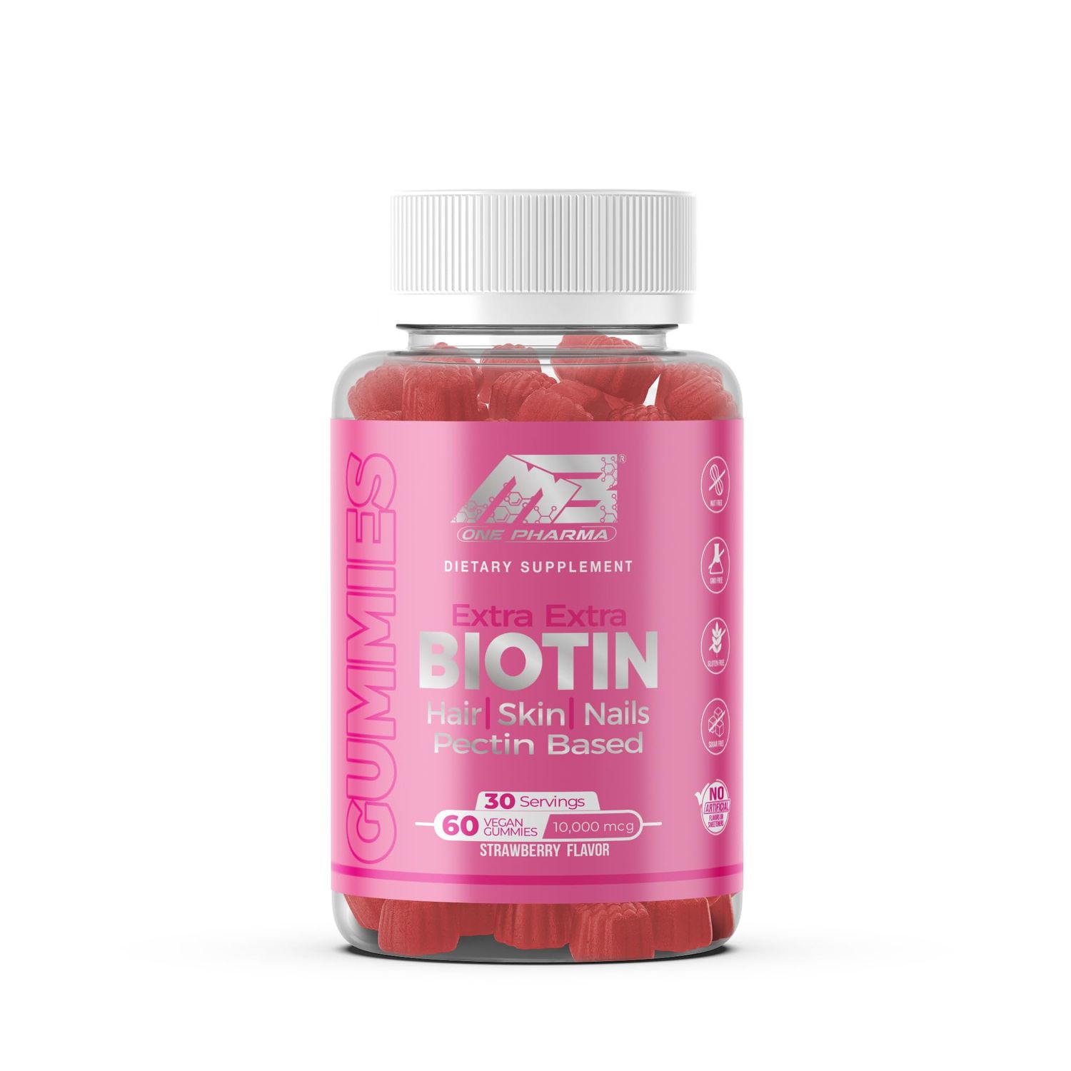 MB One Biotin Gummies - Healthy Hair, Skin and Nails Strengthening, Vitamin B7, Vegan Biotin 10000 Mcg (60 Gummies) Non-GMO, Pectin-Plant-Based, for Kids and Adult, Strawberry Delicious Flavor