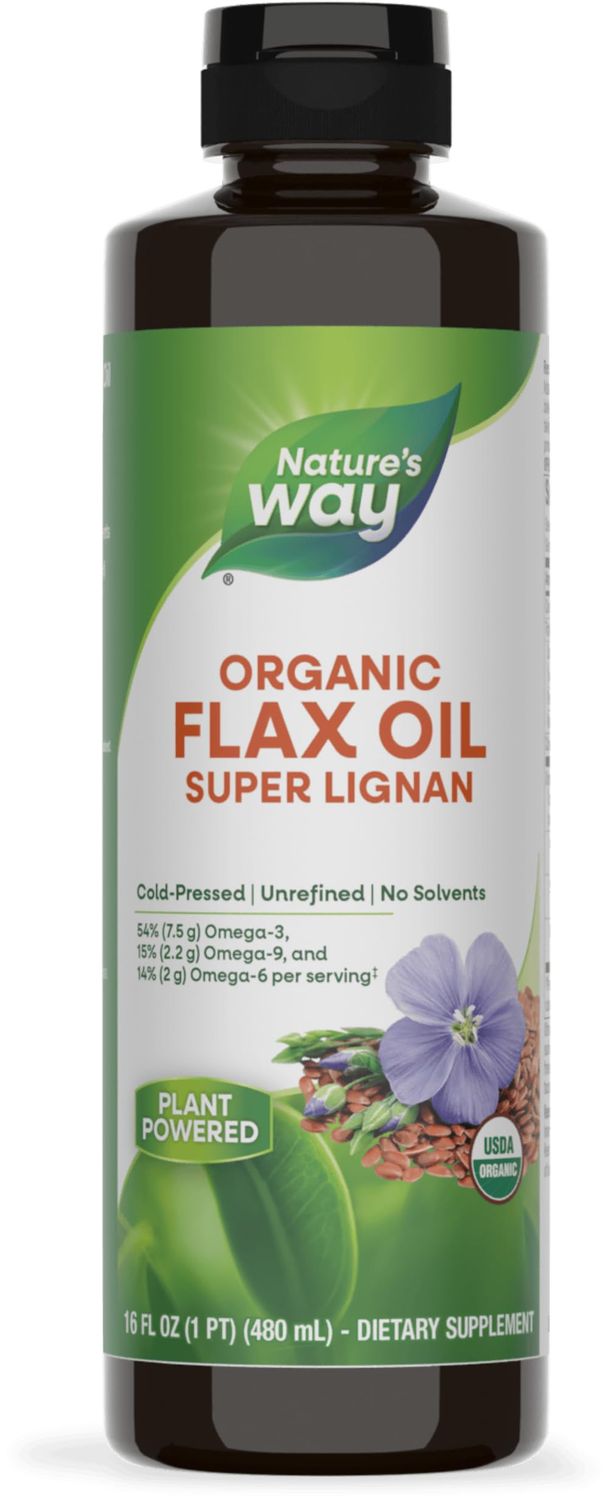 Nature&#39;s Way Organic Flax Oil Super Lignan, Omega-3, Omega-6, Omega-9 Fatty Acids, Cold-Pressed, Unrefined, Hexane Free, 16 Fl Oz (Packaging May Vary)