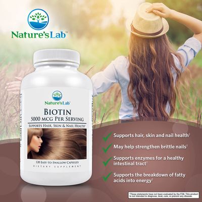 Nature's Lab Biotin 5000 mcg - Promotes Healthy Hair, Skin &amp; Nails - 120 Capsules (4 Month Supply)